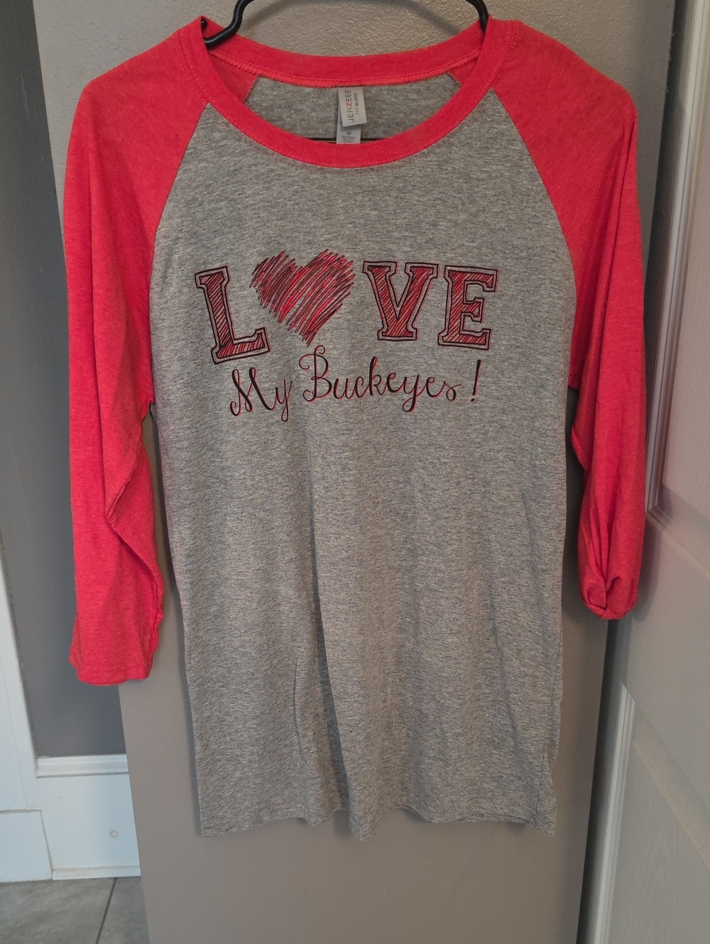 Jerzees Gray and Red Raglan 'Love My Buckeyes' Tee